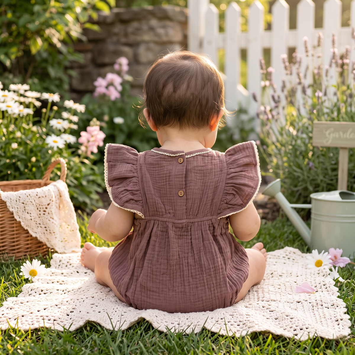 Playdate Flared Trim Muslin Bubble for Newborn Girls