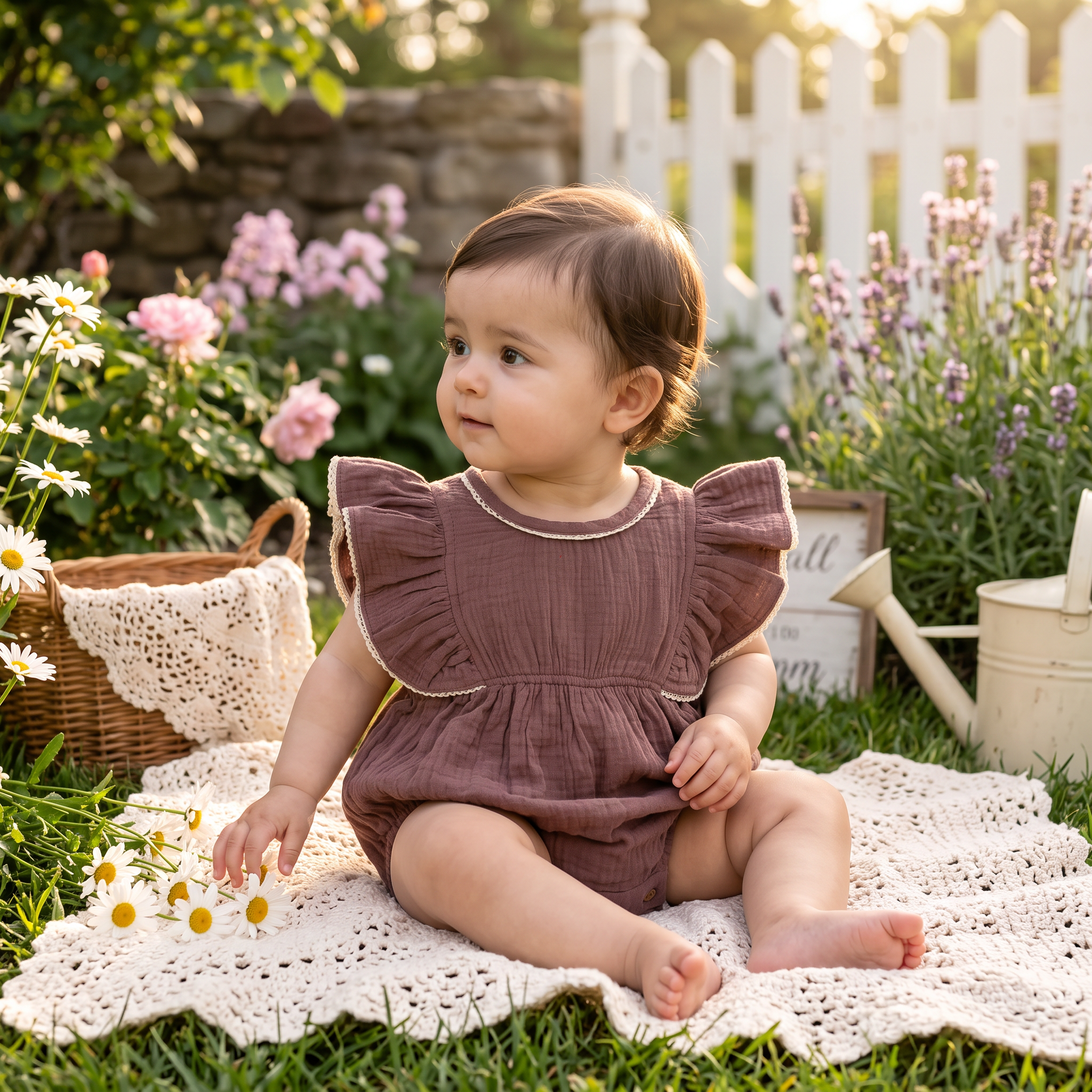 Playdate Flared Trim Muslin Bubble for Newborn Girls