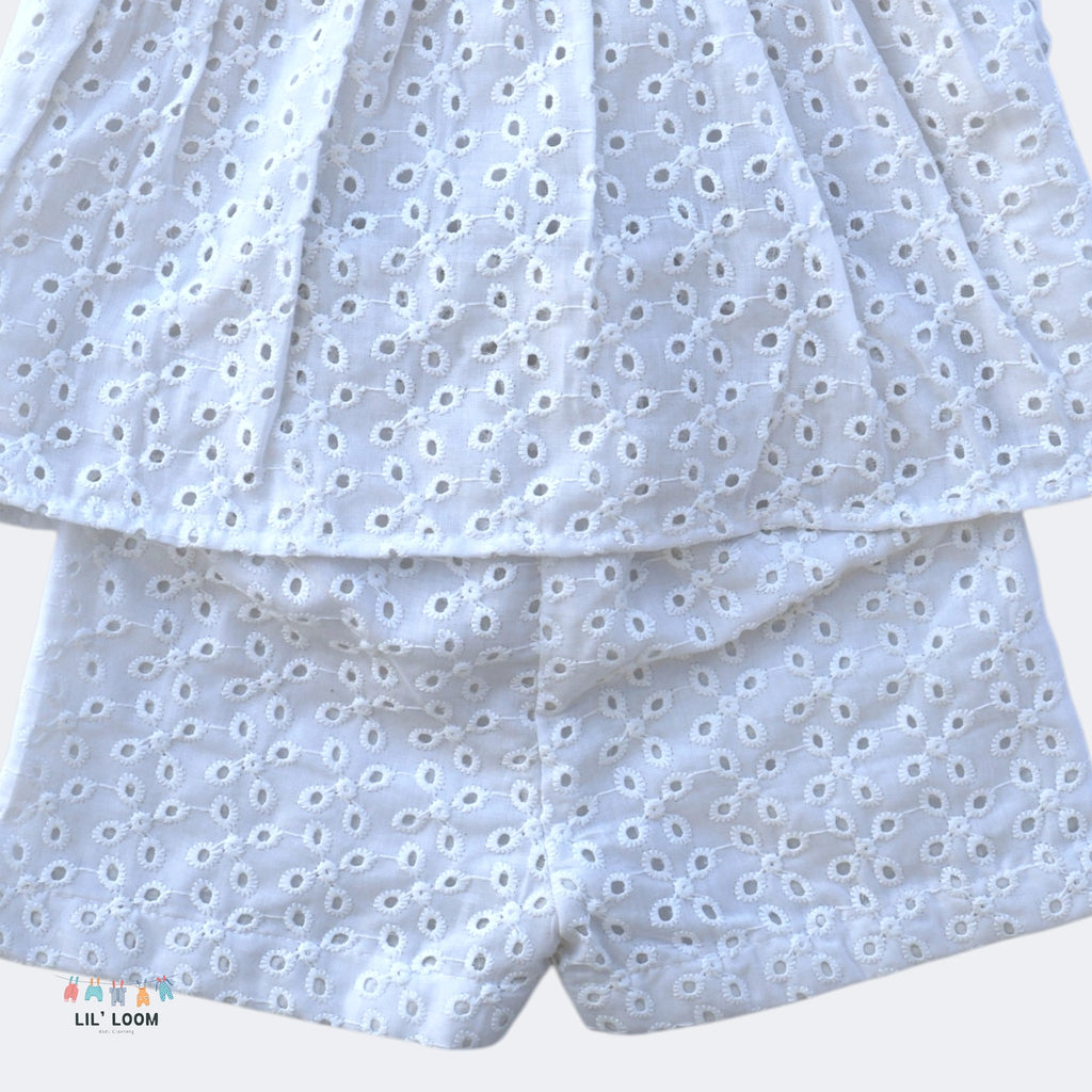White hakoba fabric with white floral pattern. Top and bottoms set  