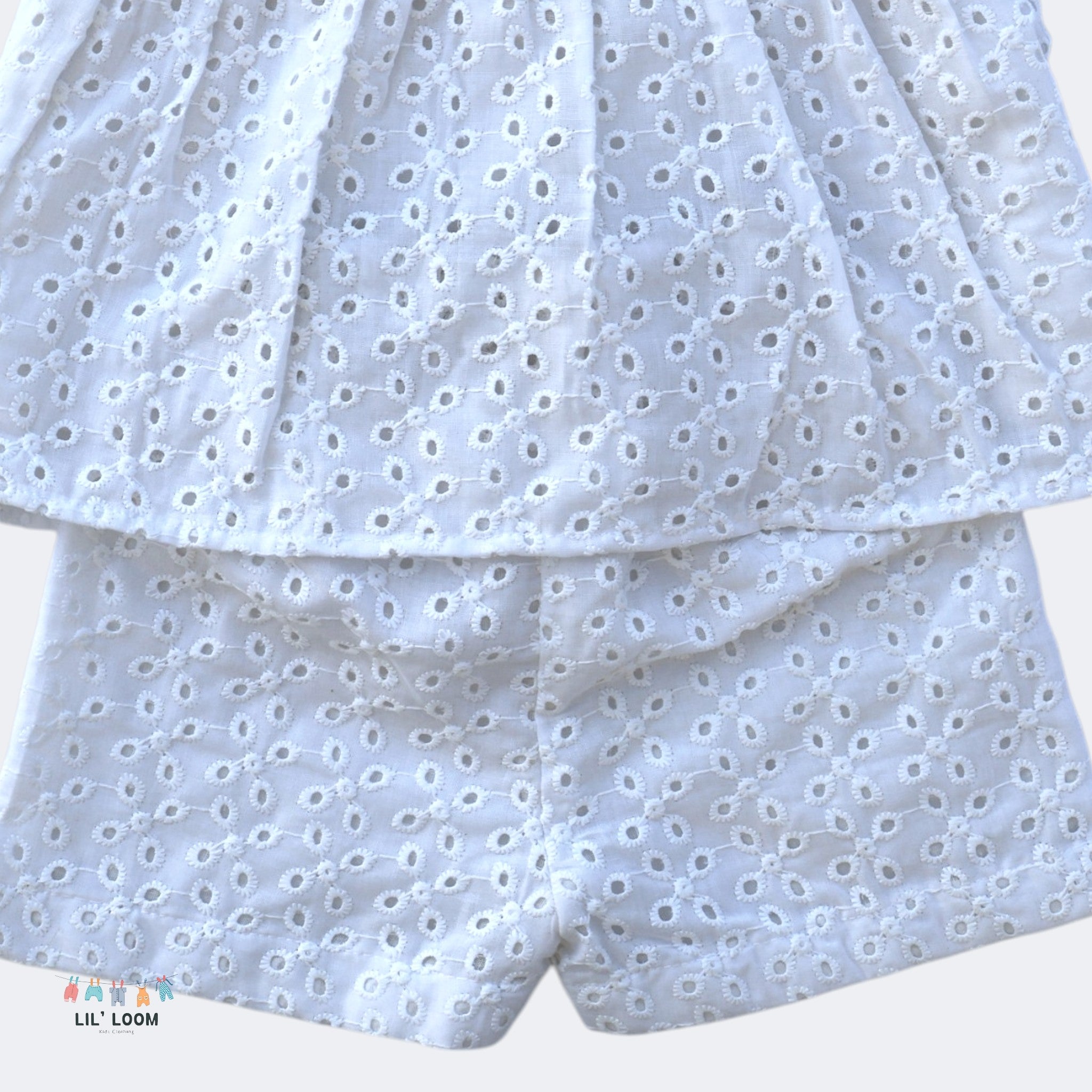 White hakoba fabric with white floral pattern. Top and bottoms set  