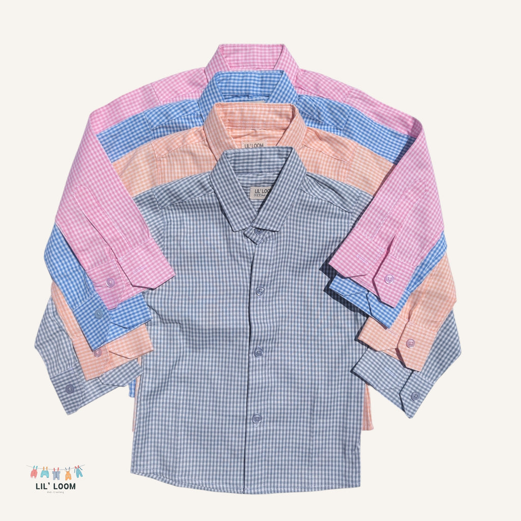 collection of peach, blue, pink, and grey oxford cotton boys collared shirt 