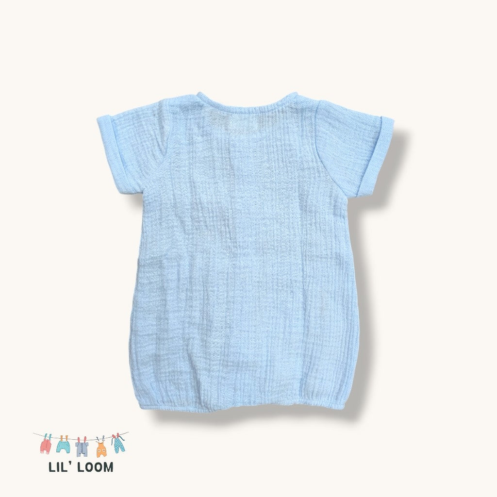 Light blue baby 100% organic muslin romper on a white background with 'LIL' LOOM' branding.