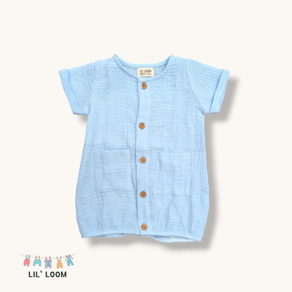 Light blue baby muslin romper with buttons and two front pockets on a white background, featuring the brand 'LIL' LOOM'.im