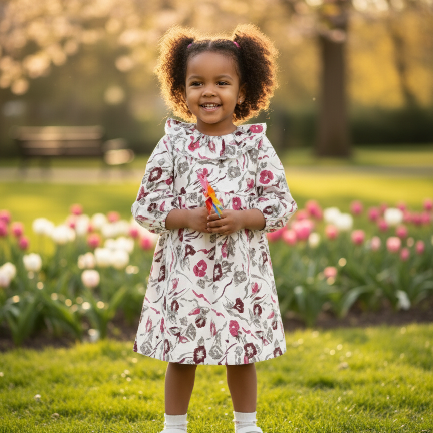 Child in a floral dress standing in a park with tulips and trees in the background