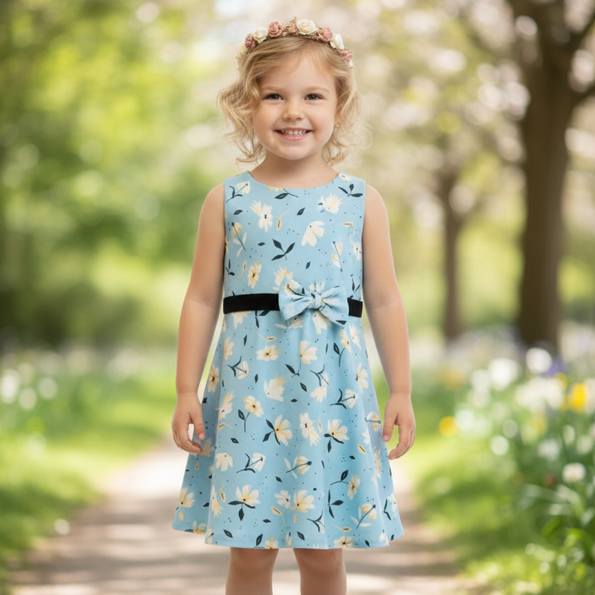 Young girl in a floral dress standing on a path with trees and flowers in the background