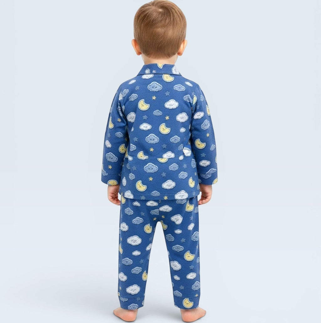 lilloom blue cotton pajama set with moon and cloud print for boys, button-front top and elastic waist pants.
