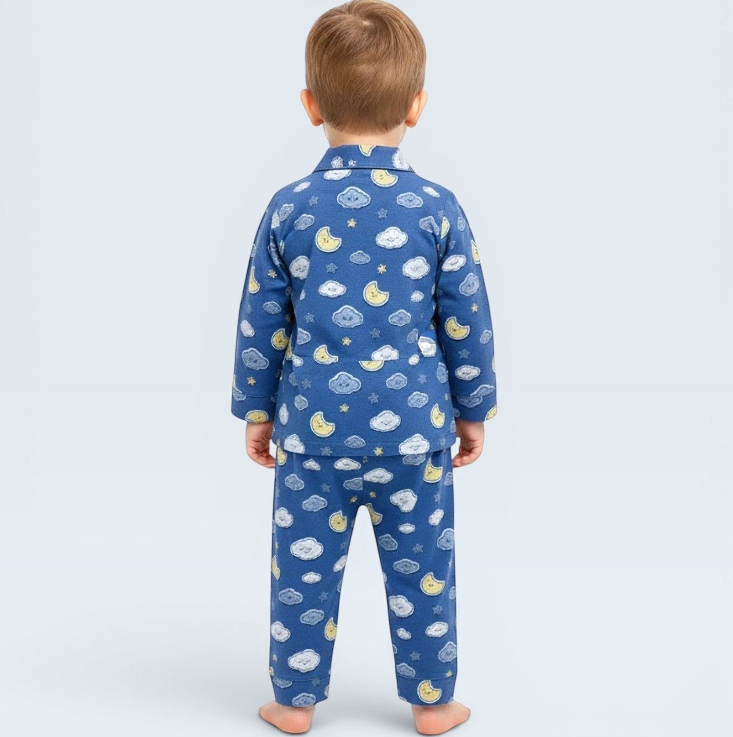 lilloom blue cotton pajama set with moon and cloud print for boys, button-front top and elastic waist pants.