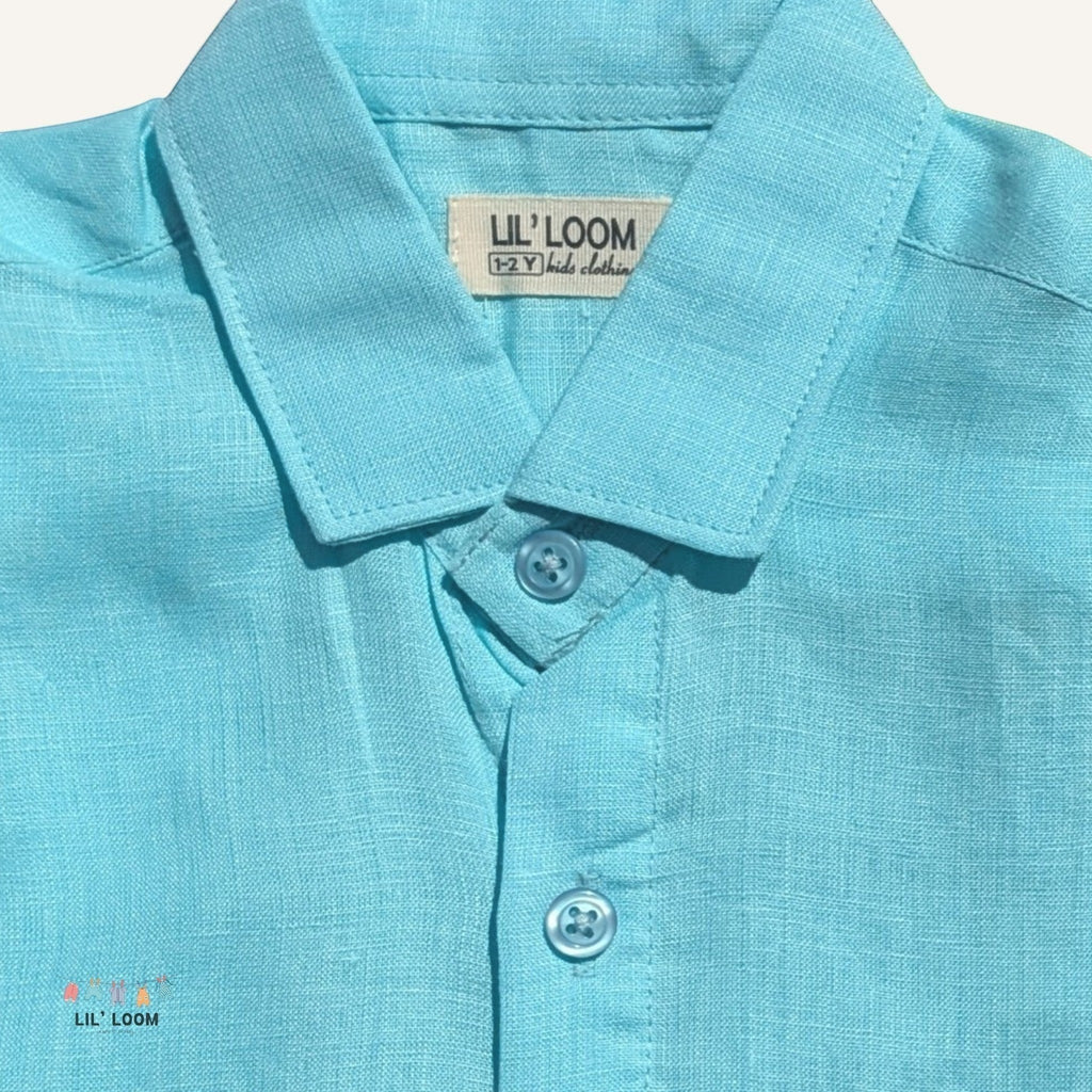 LIL' LOOM boys bright blue pure linen short-sleeve shirt with button closure and collar.