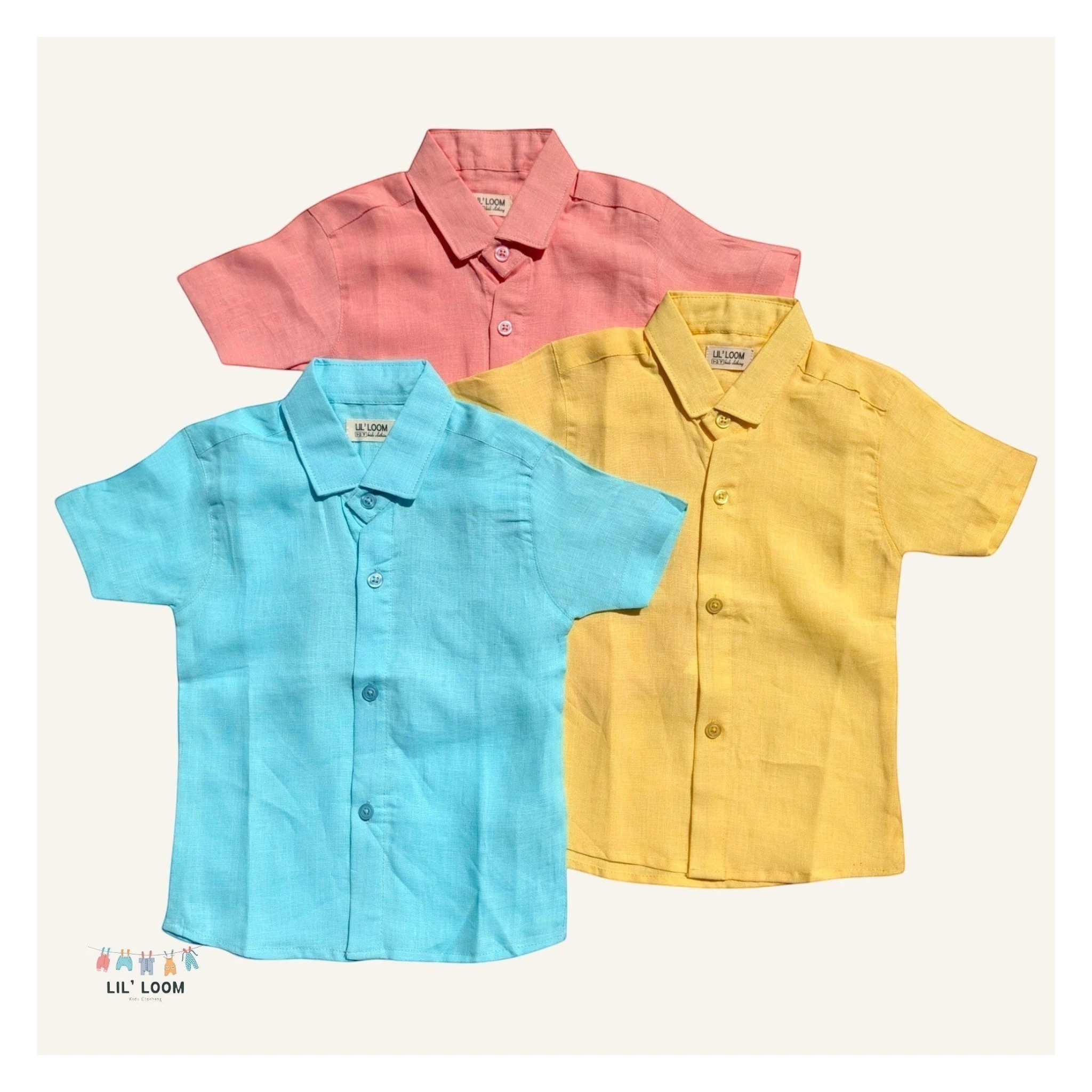 lilloom Summer Skies Boys Linen Shirts in coral, aqua, and yellow. Pure linen, short-sleeve button-up shirts for boys.