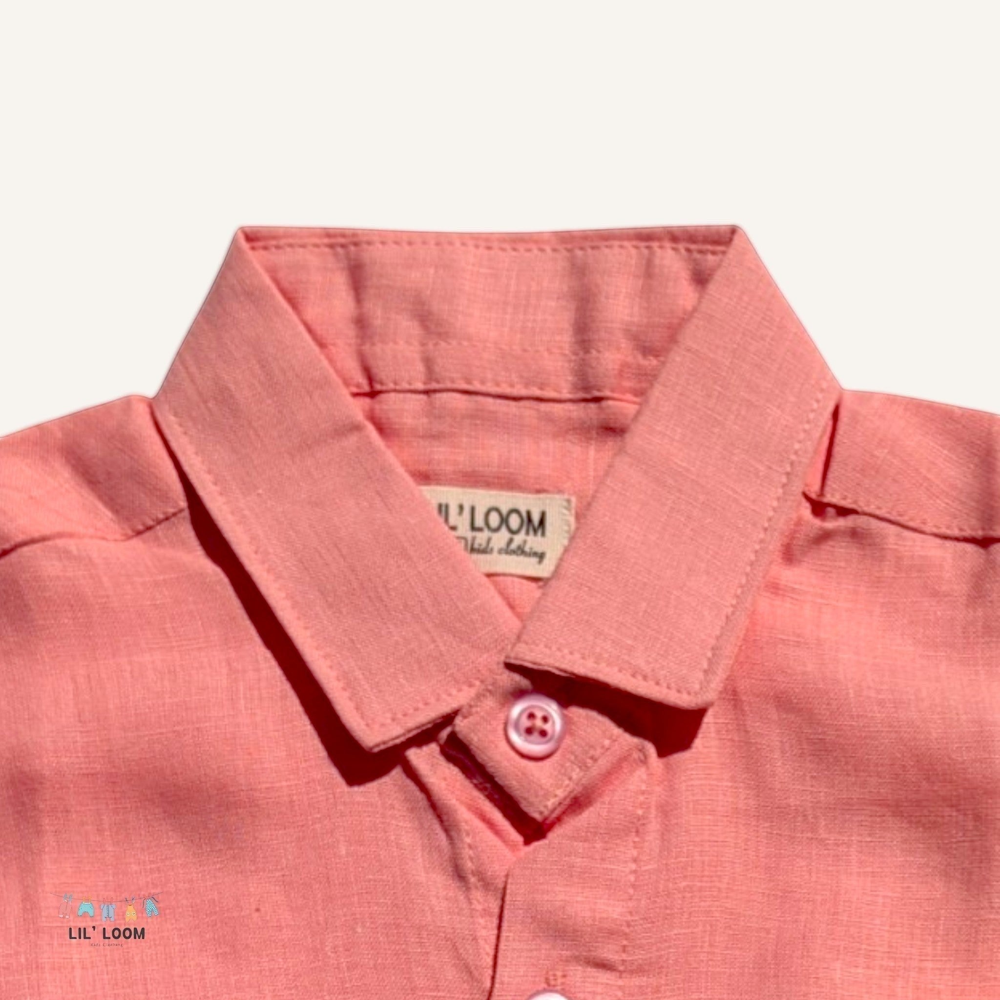 LIL' LOOM coral pink pure linen boys shirt with button-down collar and pearl buttons. Breathable and lightweight.