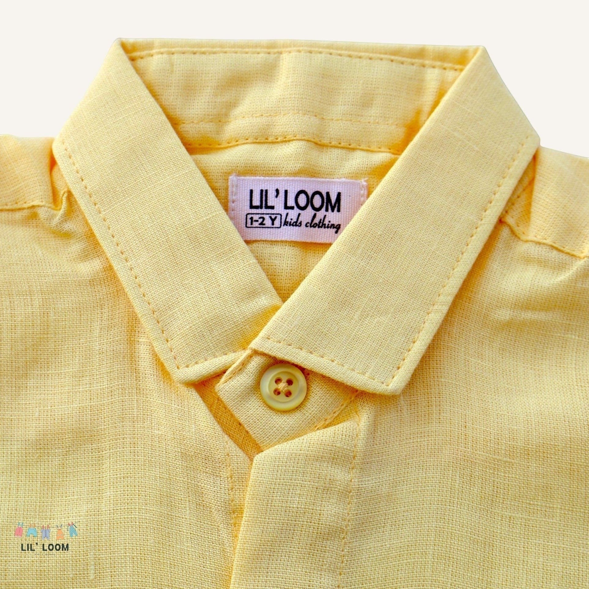 LIL' LOOM boys' light yellow pure linen short-sleeve shirt with a button closure. Breathable and soft.