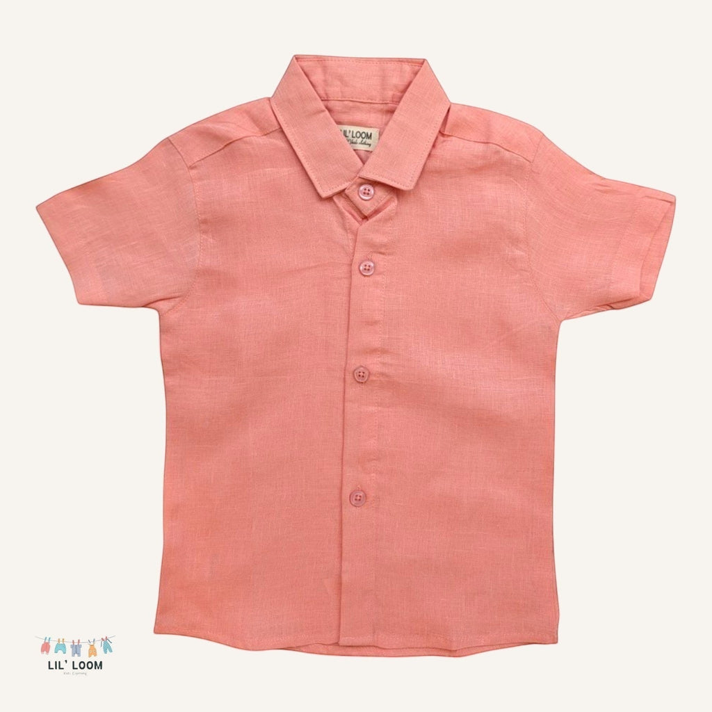 LIL' LOOM coral pure linen short-sleeve boys shirt with button-up front and collar.