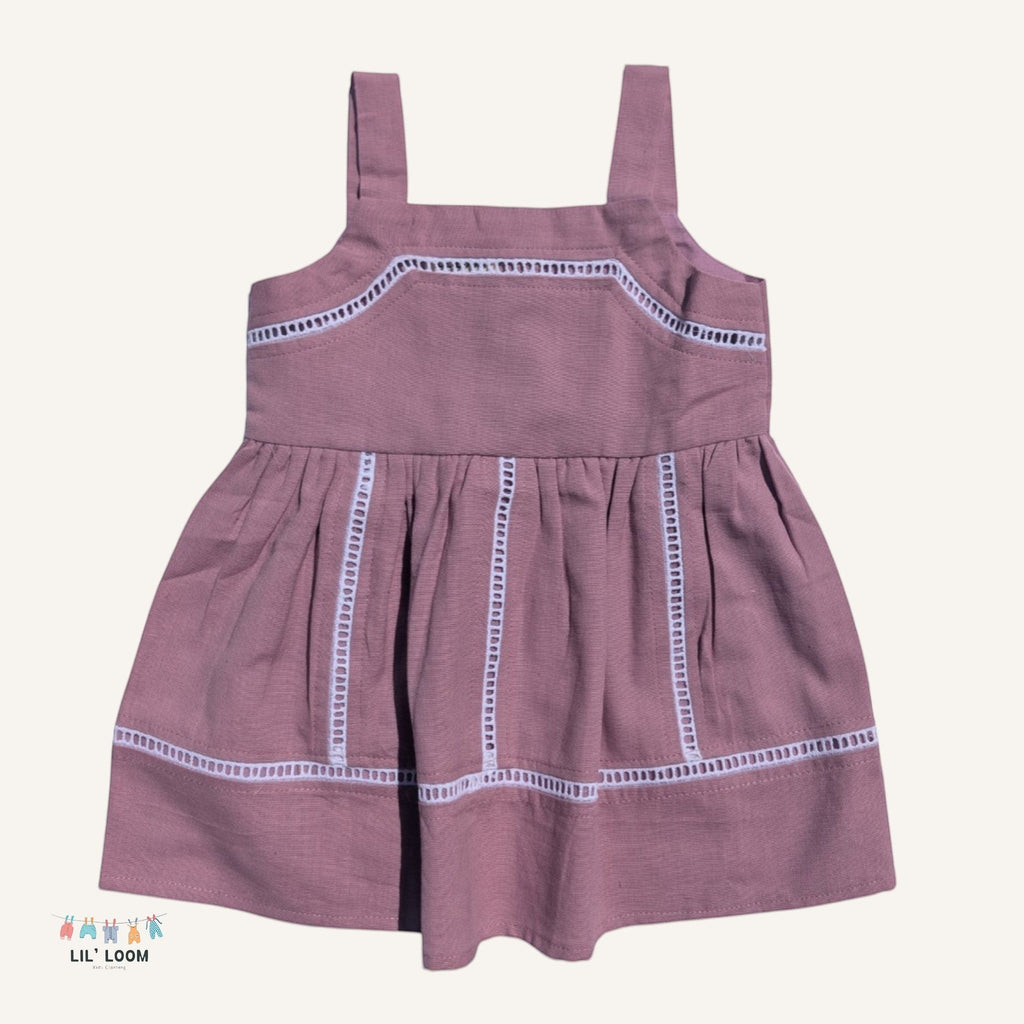 LIL' LOOM mauve cotton candy strap dress with white trim detail and gathered skirt. Perfect for summer.
