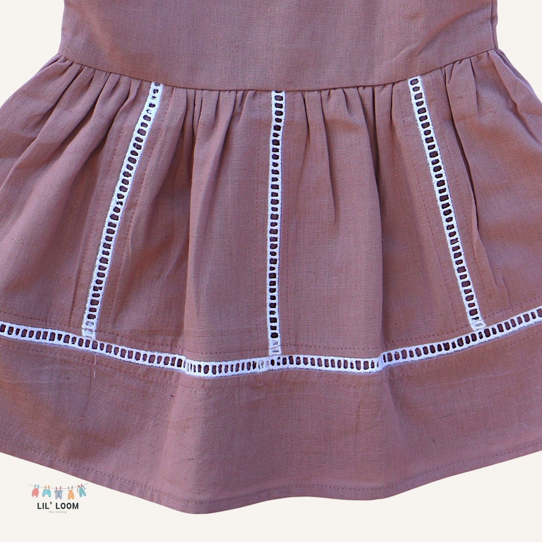 LIL' LOOM Cotton Candy Strap Dress in mauve, 100% cotton with white eyelet trim and gathered skirt.