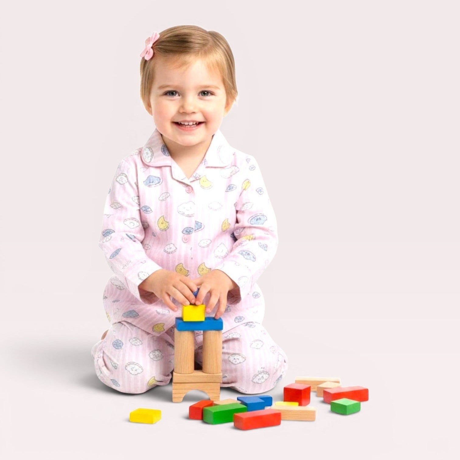 Lilloom pink cotton pajama set with clouds and moons print, button-front top and elastic waistband pants.