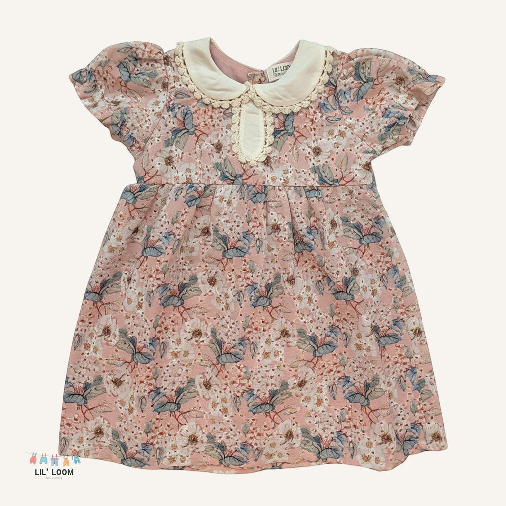 lilloom pink floral eyelet cotton dress with Peter Pan collar and puff sleeves