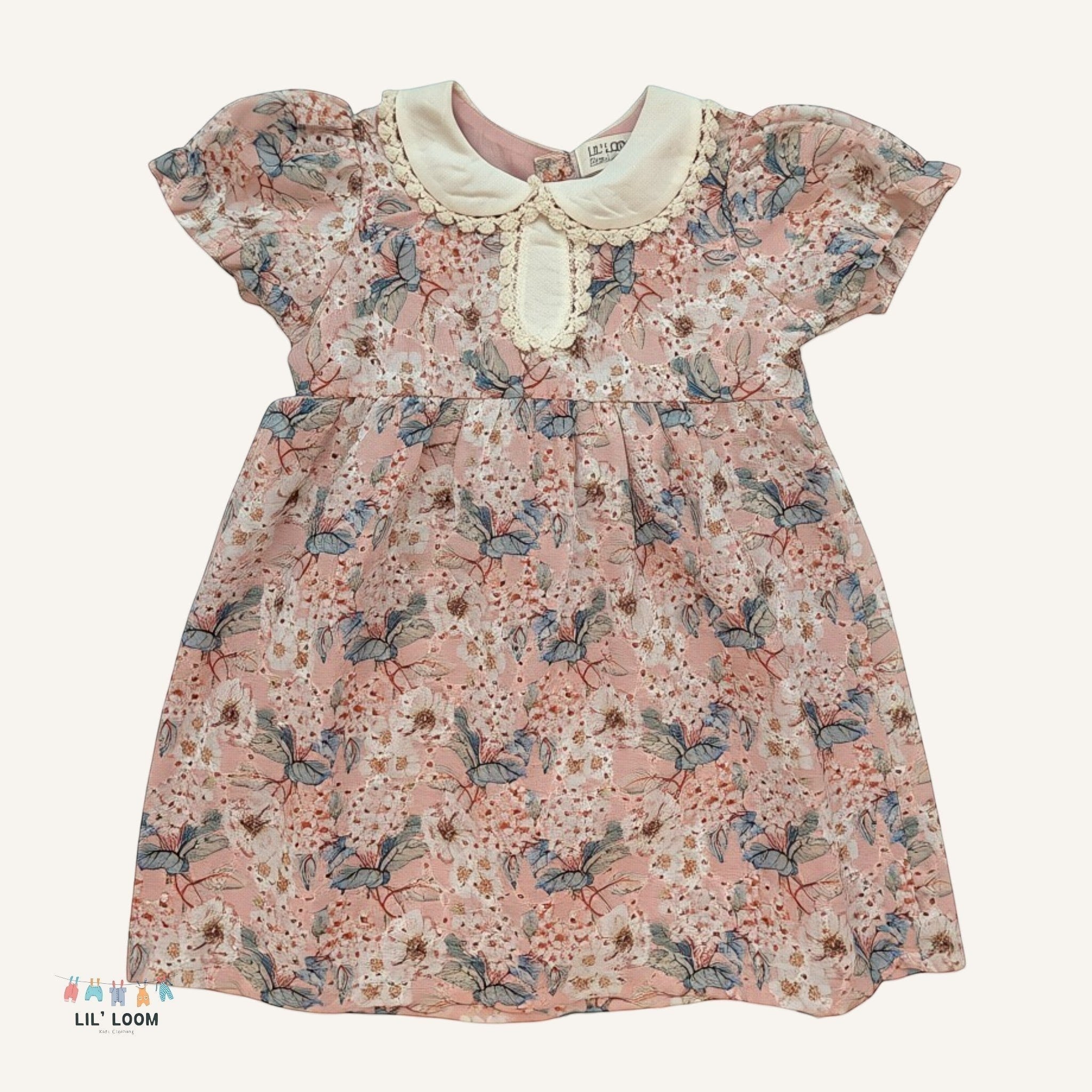 lilloom pink floral eyelet cotton dress with Peter Pan collar and puff sleeves