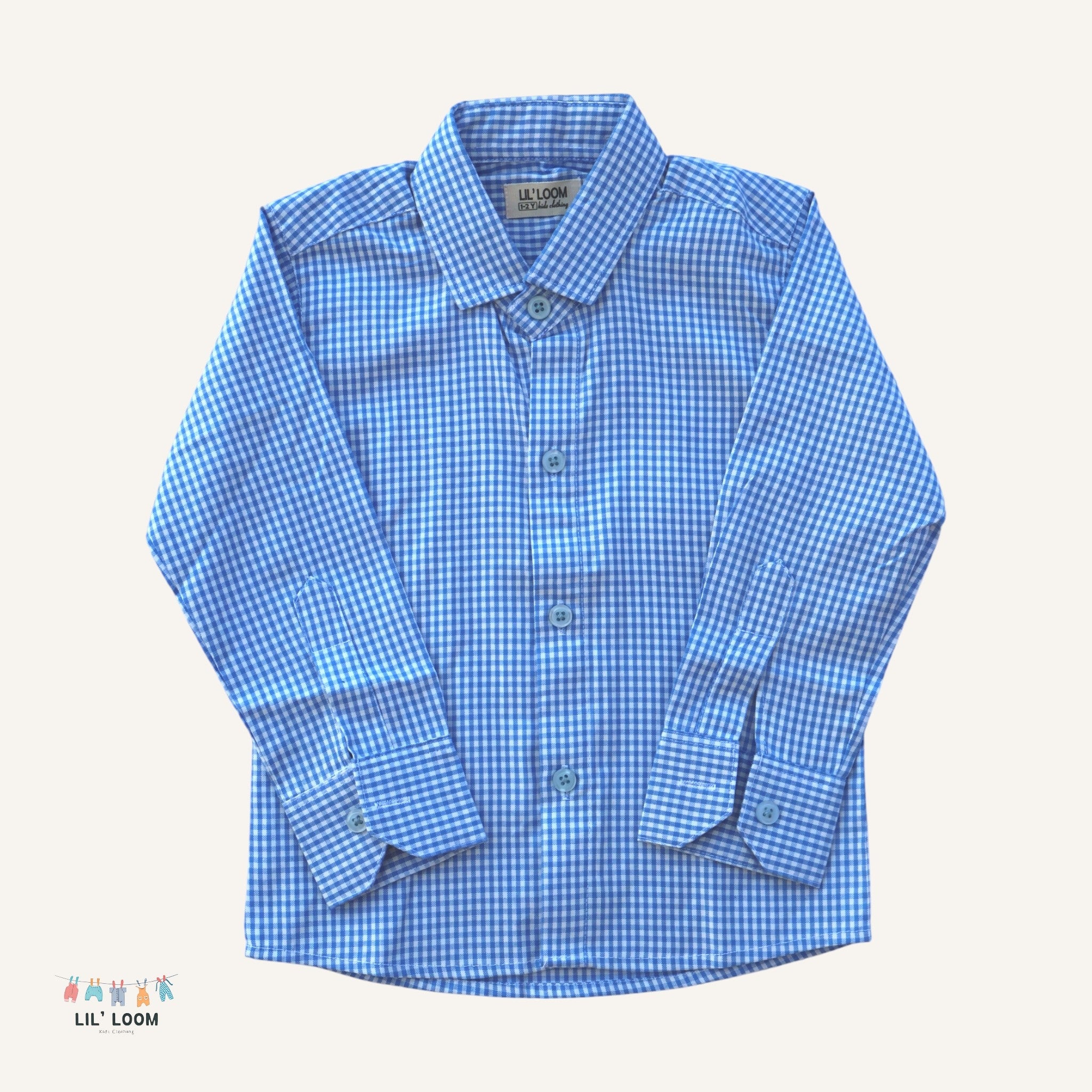 Blue checkered oxford cotton boys shirt with 'LIL' LOOM' branding.