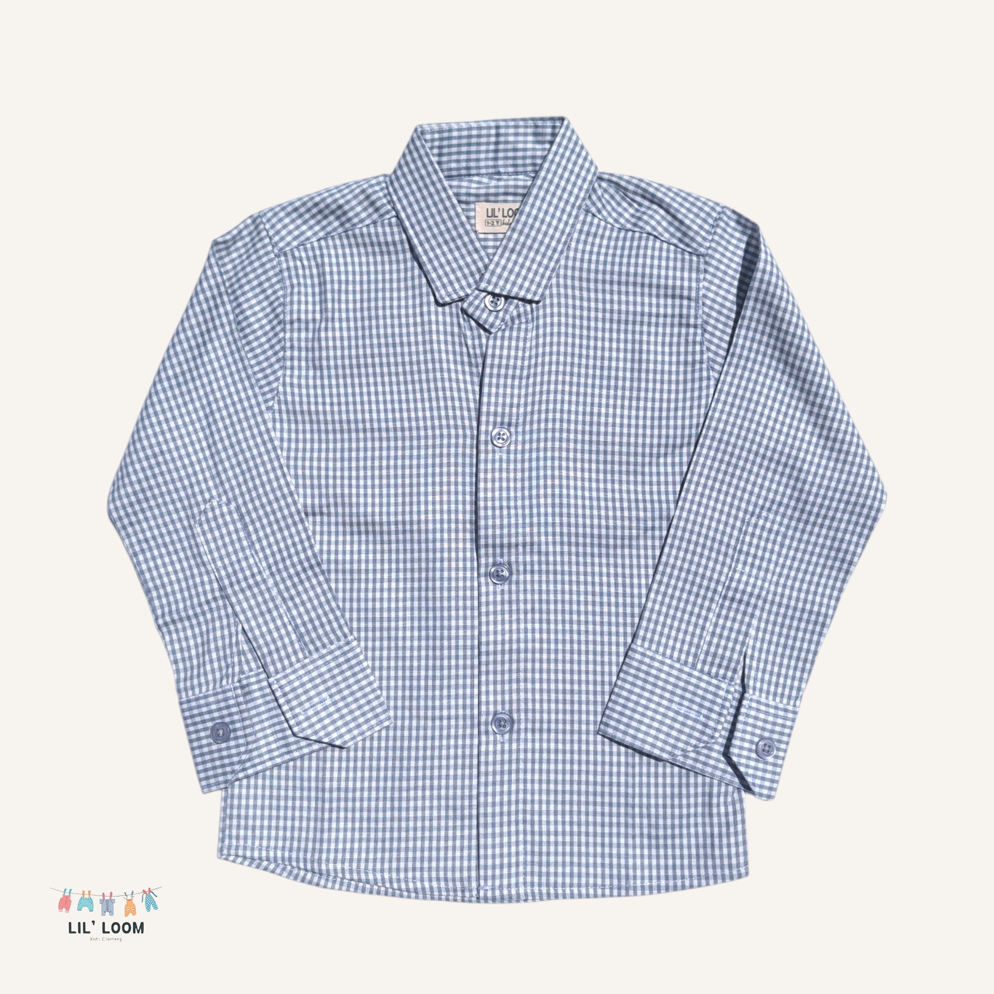 grey checkered collared shirt with 'LIL' LOOM' branding.
