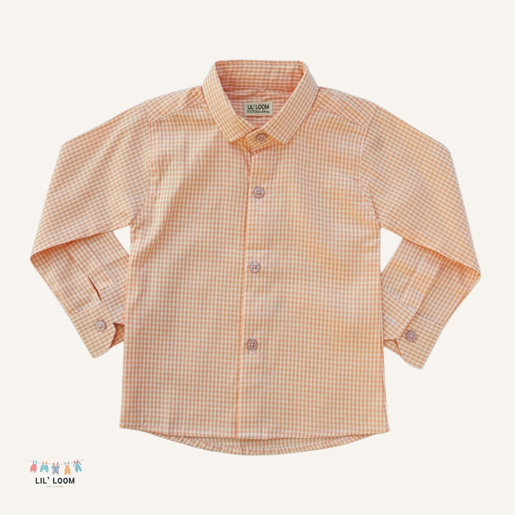Children's peach checkered shirt with long sleeves, featuring the brand 'LIL' LOOM'.