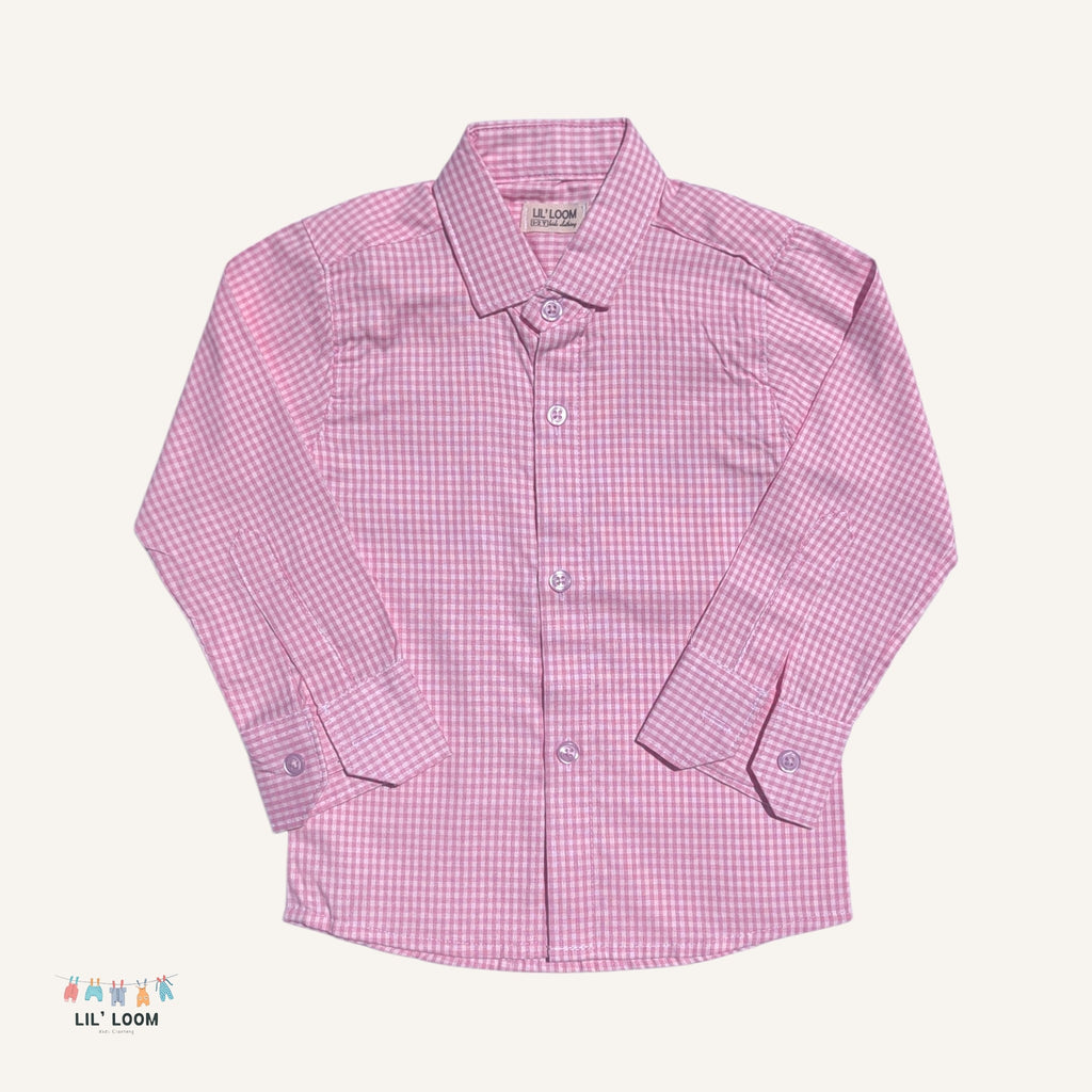 Pink checkered oxford cotton boys shirt 
with 'LIL' LOOM' branding.