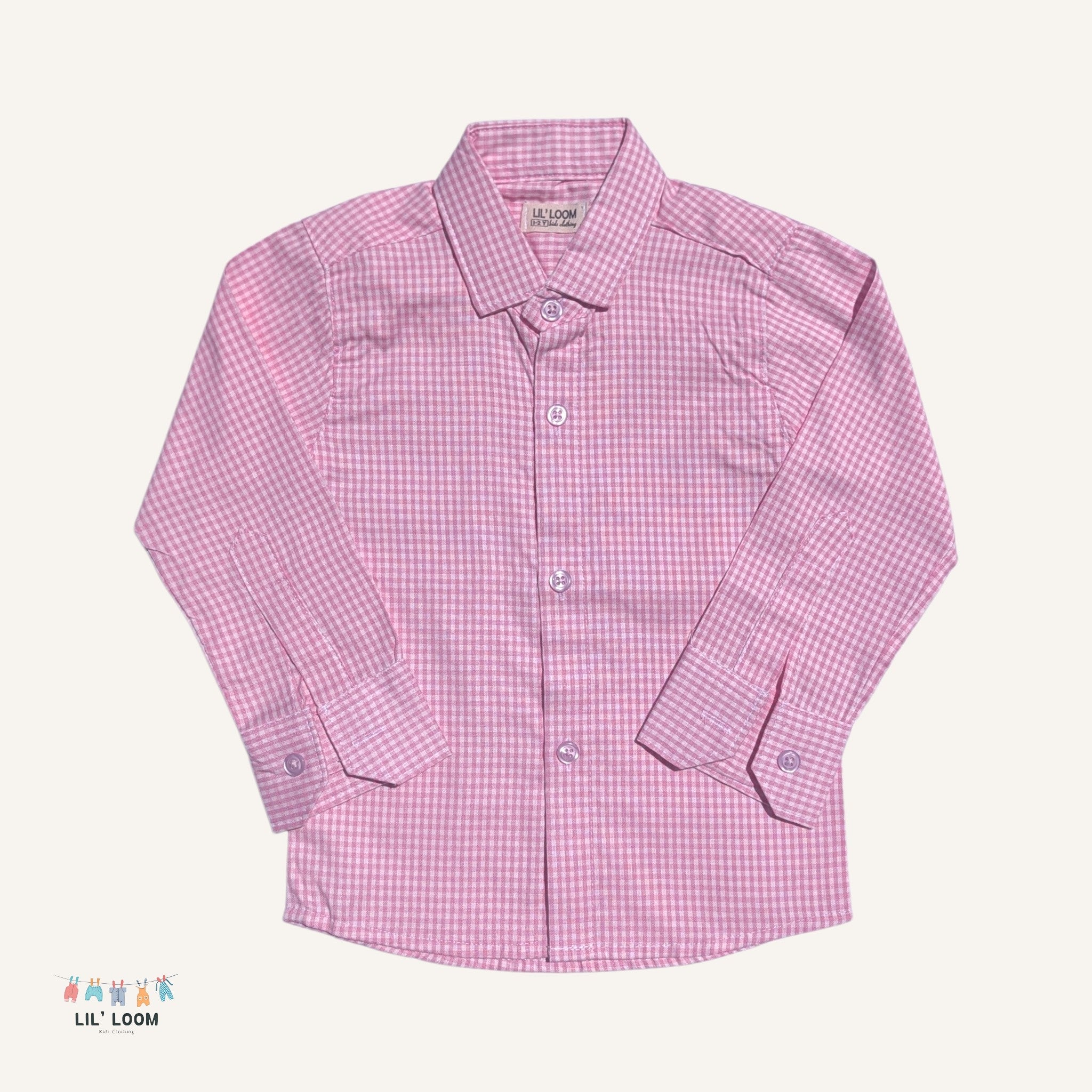 Pink checkered oxford cotton boys shirt 
with 'LIL' LOOM' branding.