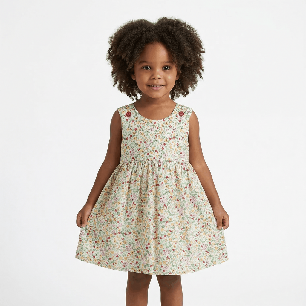 Young girl wearing a floral dress on a white background