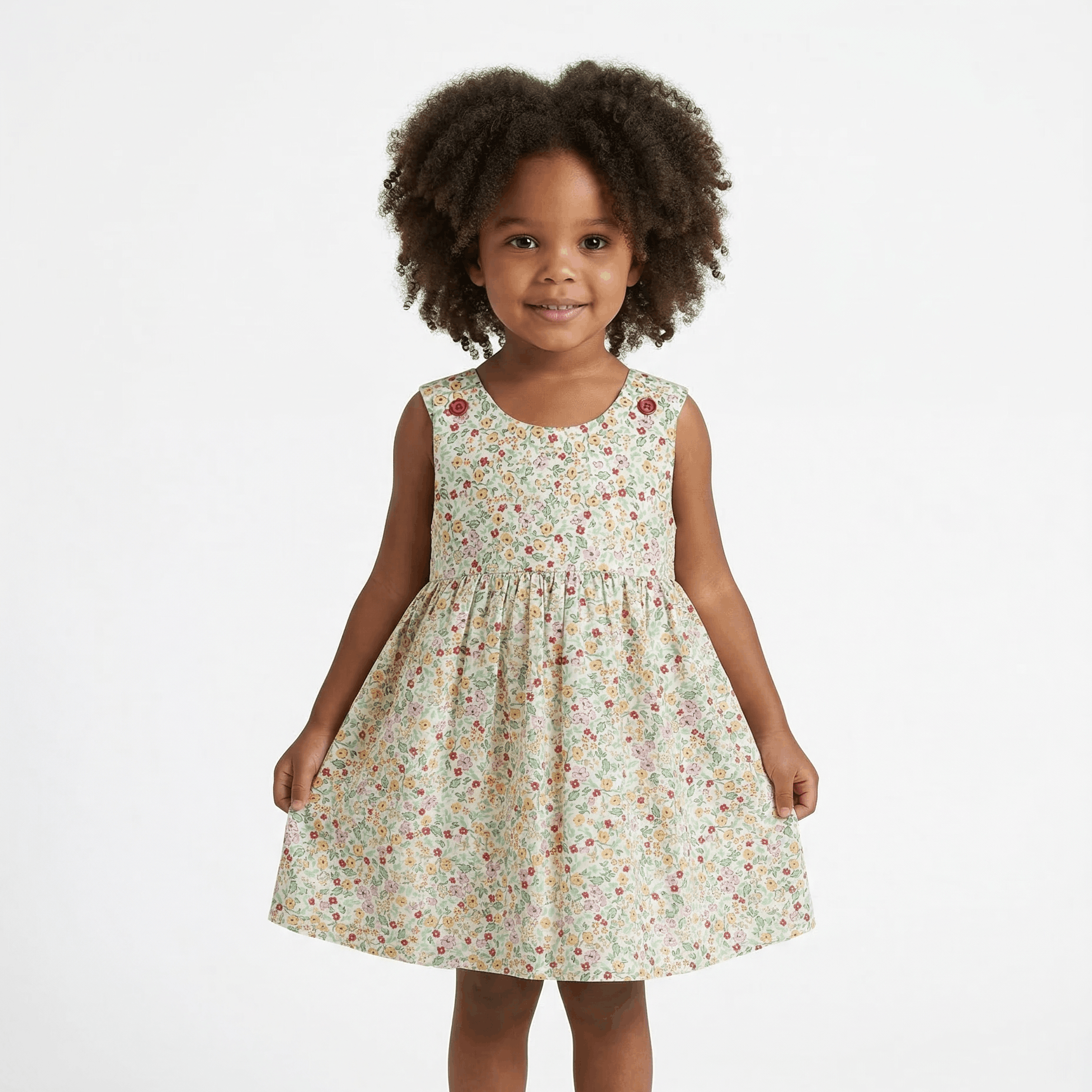 Young girl wearing a floral dress on a white background
