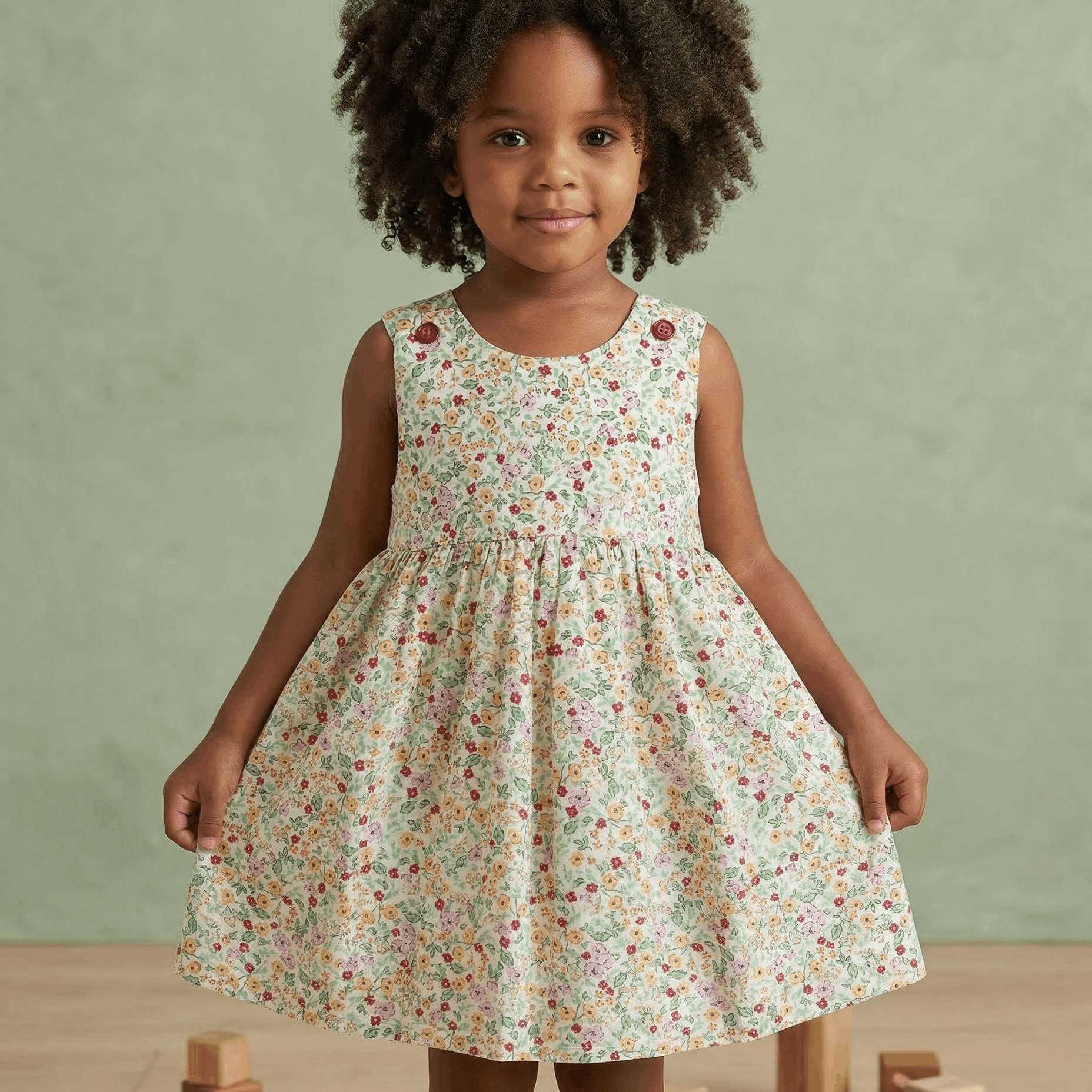 Young girl wearing a floral dress standing on a wooden floor with a green background