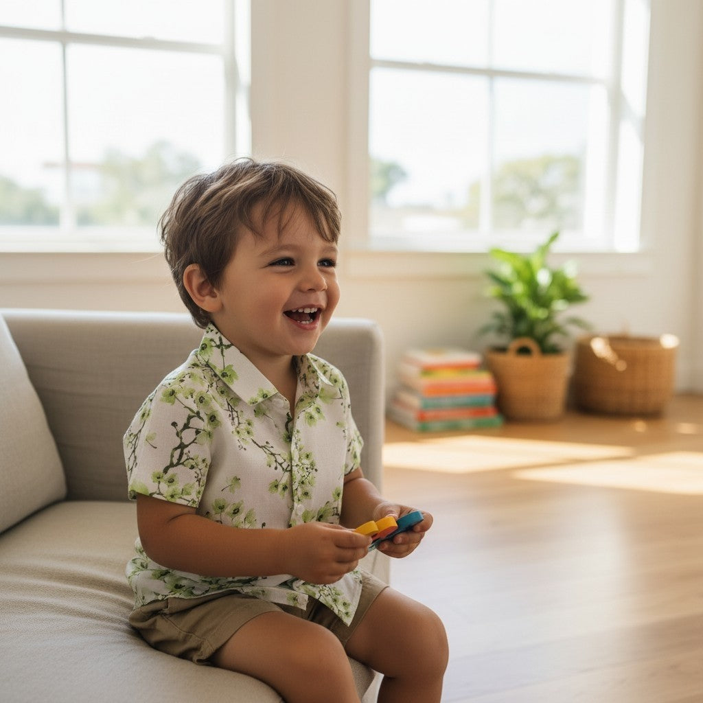 woodland bloom cotton shirt on boy sitting on couch. shirt by lil loom 
